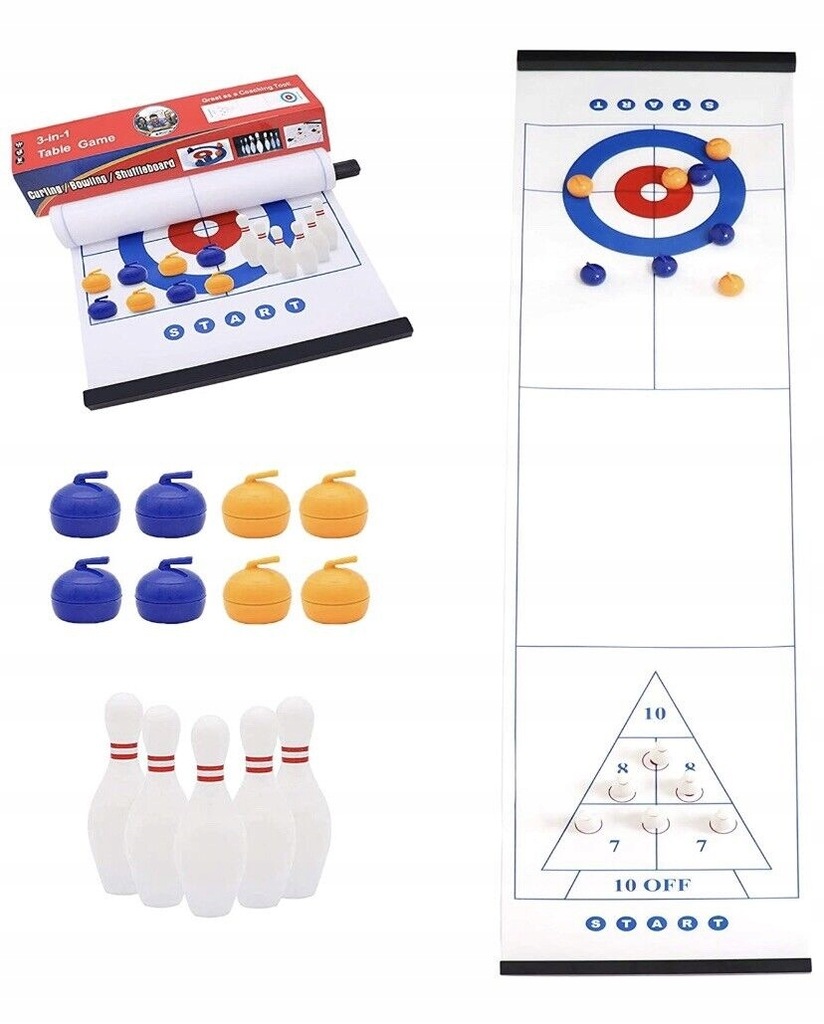 Mini gra stołowa 3w1 zestaw Kręgle, Curling, Shuffleboard Zręcznościowa