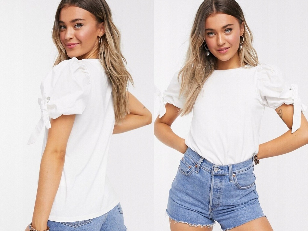 River Island Biały t-shirt z bufkami 34