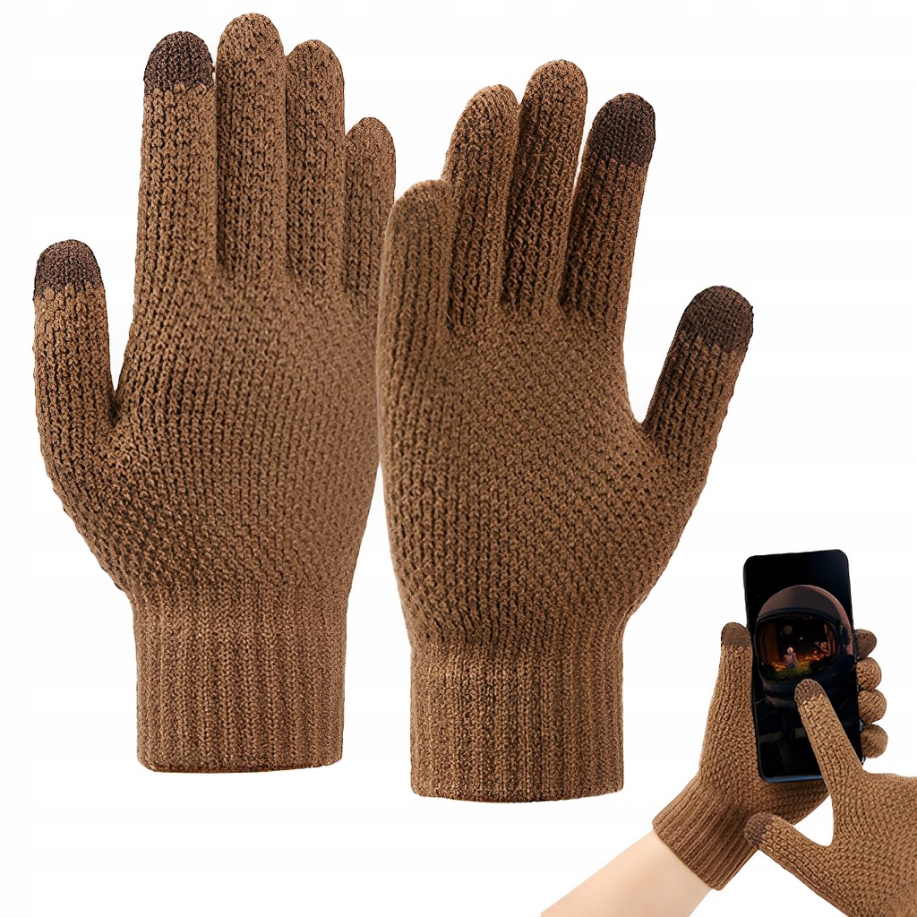 Rękawiczki dotykowe plecione do telefonu zimowe - brązowe