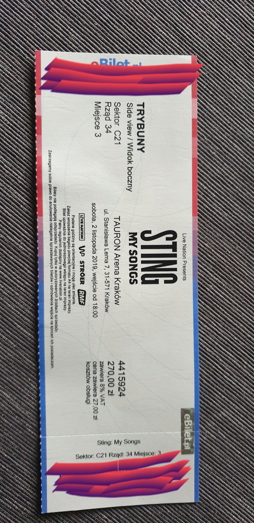 Sting bilet Kraków Arena 2.11
