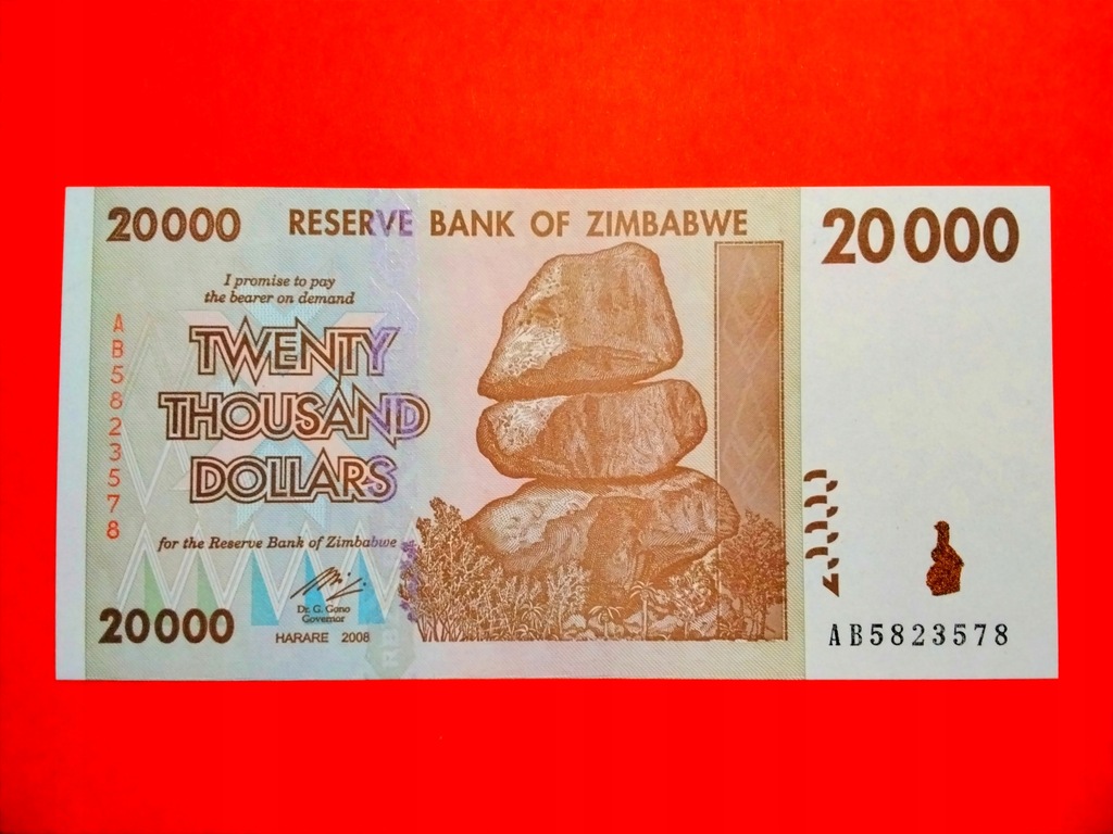Zimbabwe 20000 Dollars 2008 P73a UNC ( papier bez linii )
