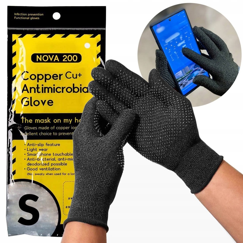 Rękawiczki Antybakteryjne Obsługa Telefonu NOVA Gloves 200 czarne Rozm. S