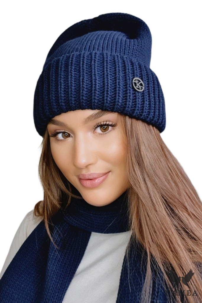 CZAPKA damska szerokie wywinięcie GRUBE sploty Polska GRANATOWA Kamea RAISA