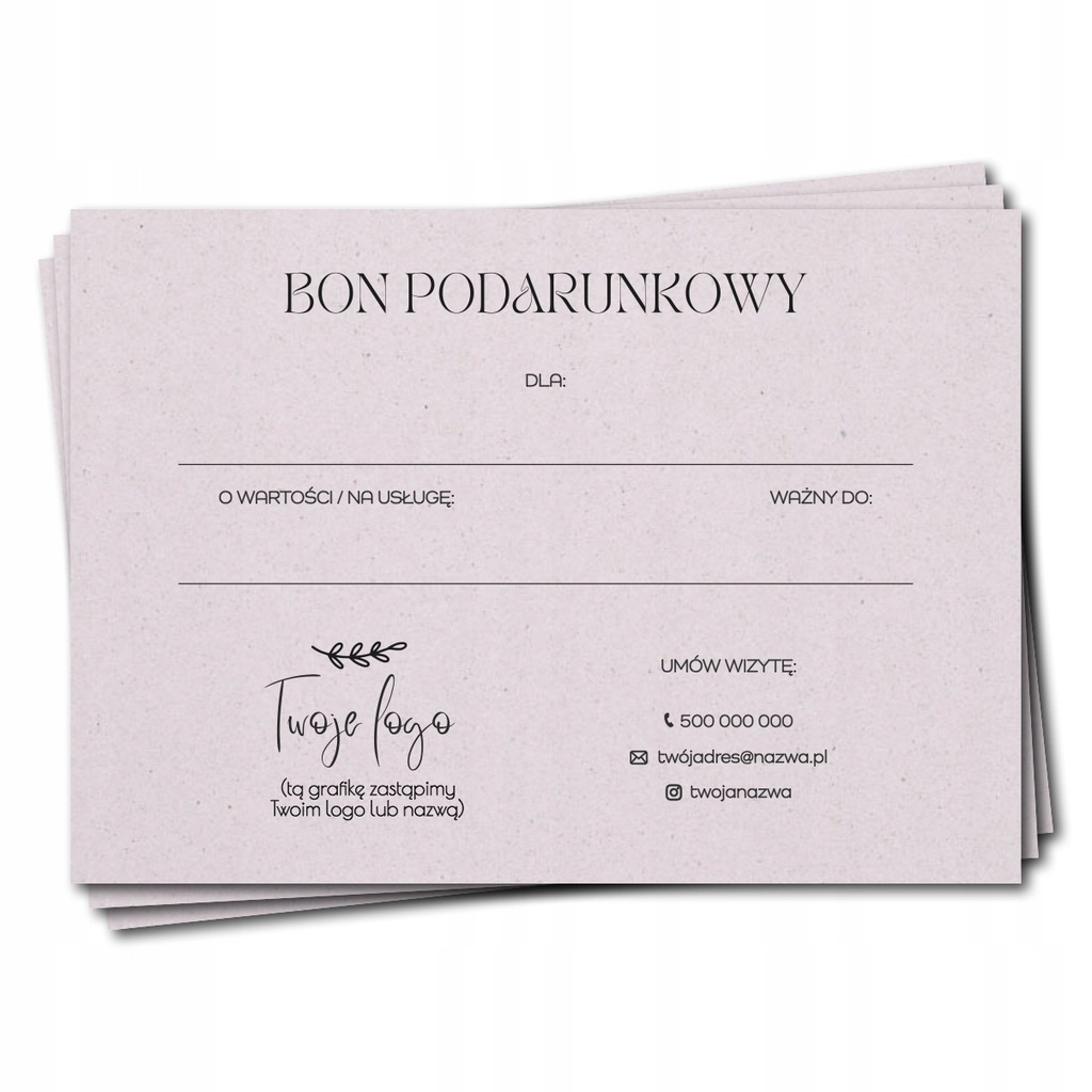 Voucher bon podarunkowy, gotowy szablon, papier różowy Crush 250g, 25 sztuk