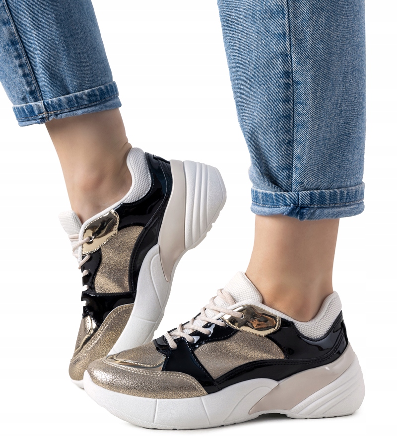 Sportowe buty damskie złote sneakersy lakierowane 13263 rozmiar 38