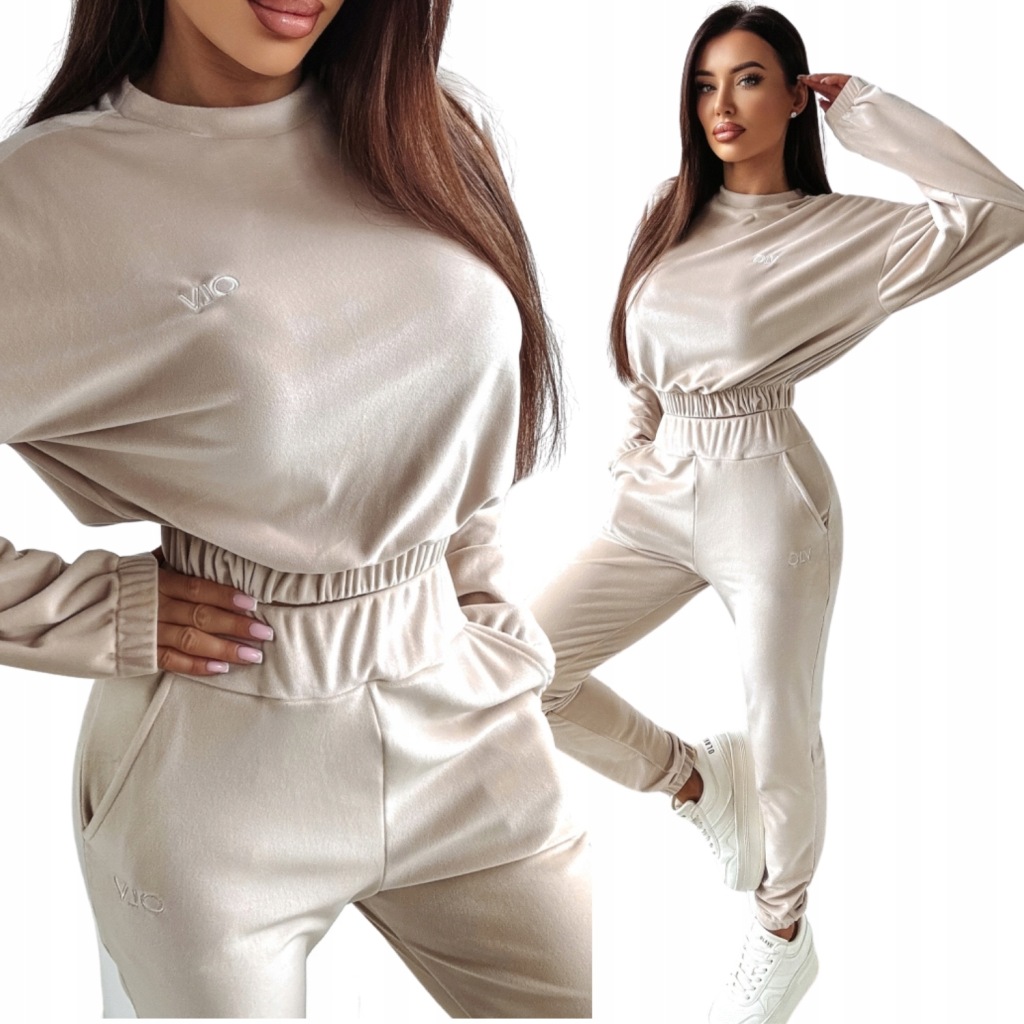 O LA VOGA Komplet welurowy damski dres welurowy beżowy PEARLS ROZMIAR S