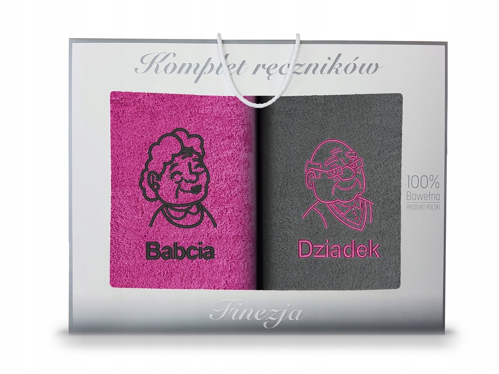 ZESTAW RĘCZNIK 2X 70x140 KOMPLET BABCIA DZIADEK PREZENT FUKSJA-GRAFIT