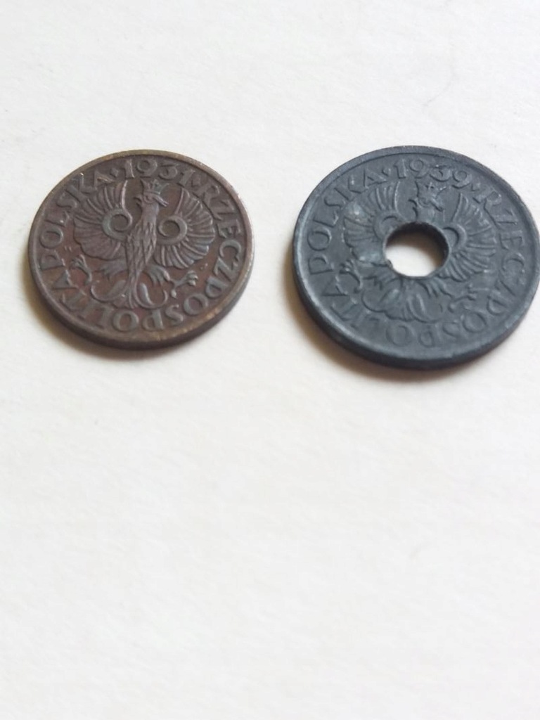 2 monety pol: 1 gr 1931 + 5 gr 1939 z dziurką