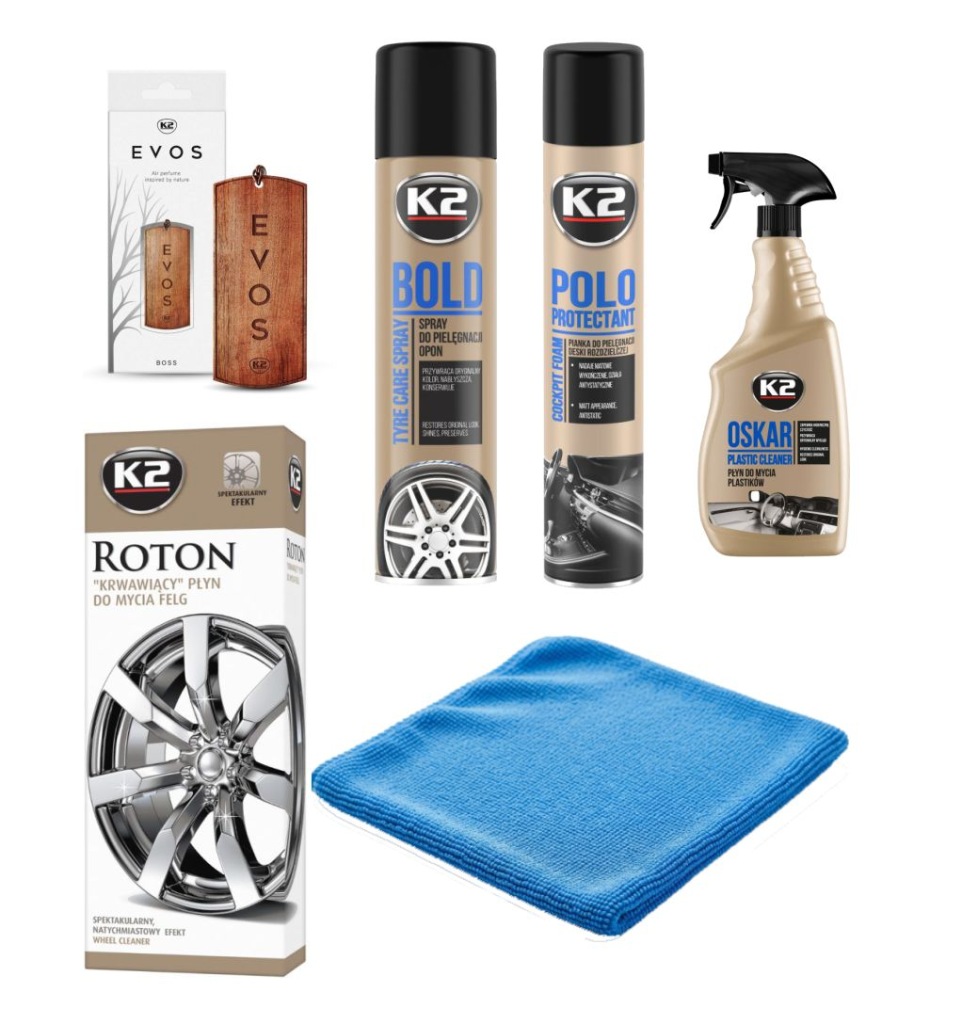 Zestaw na dzień ojca, zapach + czyszczenie plastików i felg K2 + mikrofibra