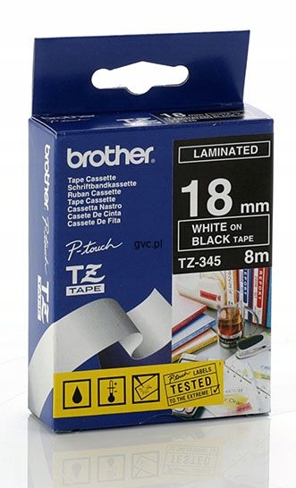 Taśma Brother TZe-345 18mm x 8m - biały na czarnym tle TZ-345