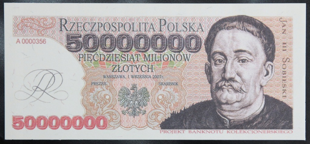 KOPIA BANKNOTU 50000000 ZŁOTYCH 2007 Jan Sobieski