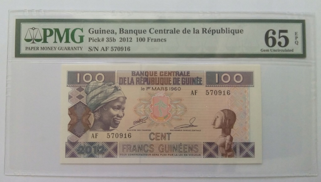 Gwinea 100 Francs 2012 grading PMG 65 EPQ