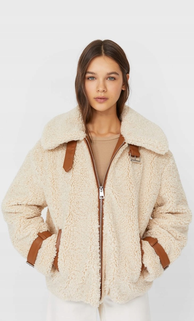 Stradivarius kożuch kurtka teddy baranek camel M