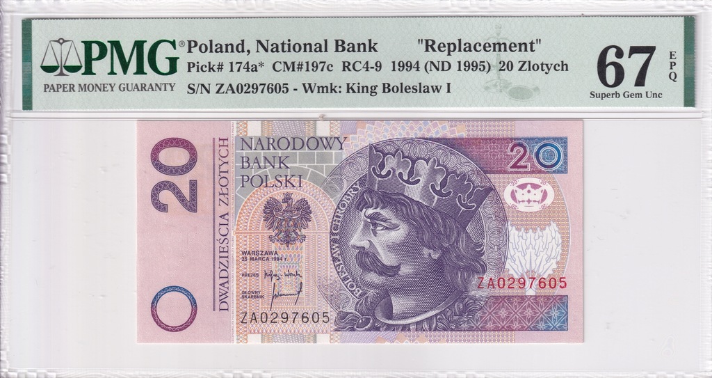 20 Złotych Polska 1994 PMG 67 EPQ Seria ZA