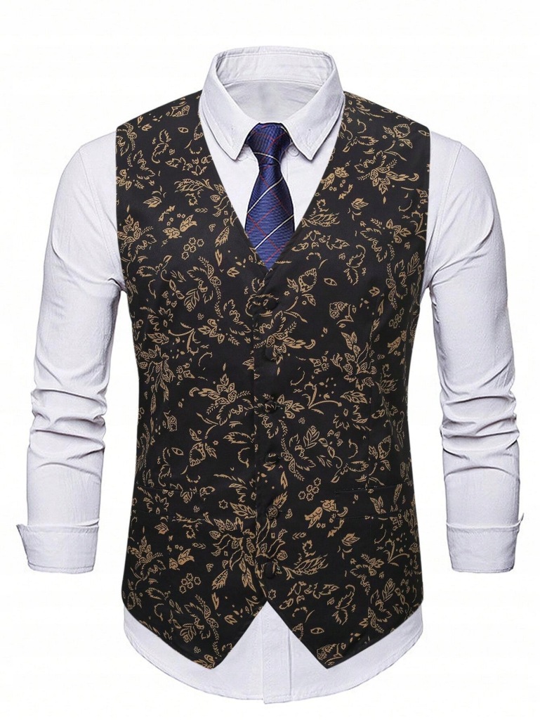 SHEIN CZARNA ELEGANCKA MĘSKA KAMIZELKA Z ŻÓŁTYM WZOREM 5XL 46570