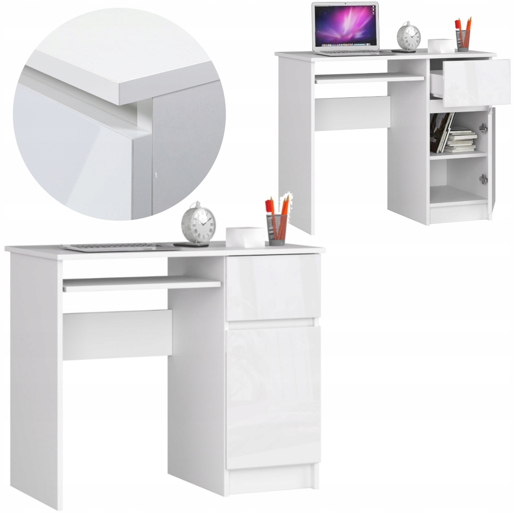 BIURKO KOMPUTEROWE BIUROWE BIAŁE POŁYSK SZUFLADY 90cm NOWOCZESNE A6 PRAWE