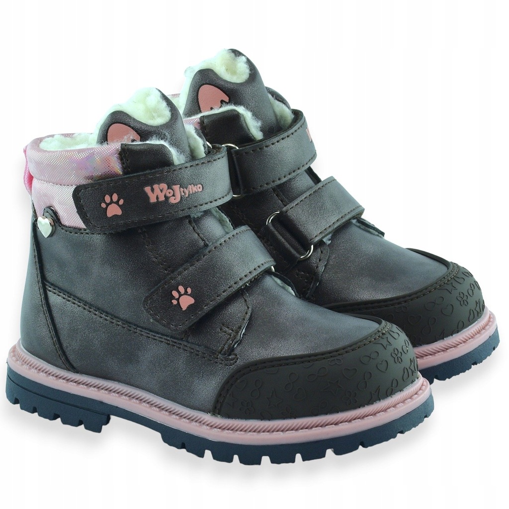 Dziecięce trapery za kostkę ocieplone kożuszkiem na rzep szare Wojtyłko 24