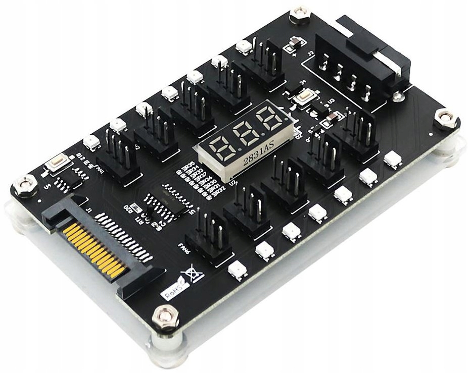 Power input to 10 port fan hub with temperature display and LED light