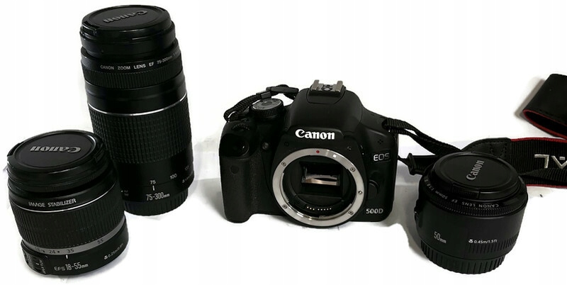 Lustrzanka Canon 500d korpus + Obiektywy + Lampa