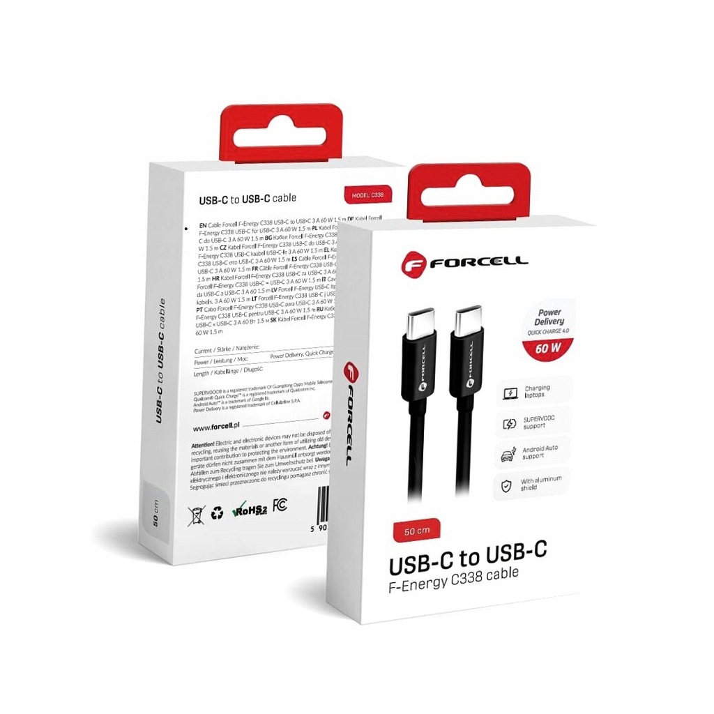 FORCELL kabel Typ C do Typ C QC4.0 3A/20V PD60W C338 50cm czarny