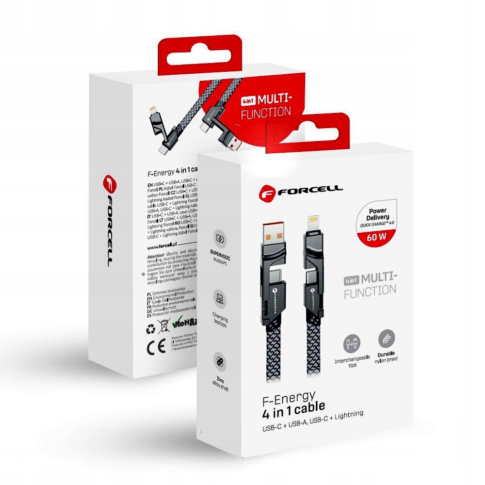 FORCELL 4w1 kabel USB-C / USB A do Typ C / Lightning QC PD 3A 60W 1 m chrom