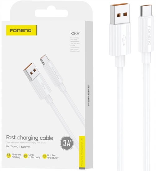 FONENG XS07 SZYBKI Kabel USB-C 3A 1,2M BIAŁY