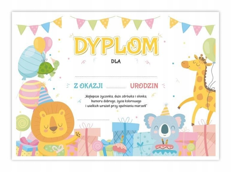 DYPLOM A4 URODZINOWY - WESOŁE ZWIERZACZKI 5SZT