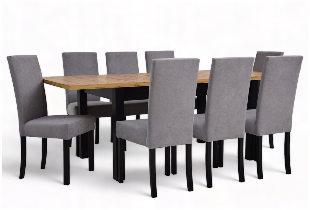 Stół 90x140/210 cm + 8 krzeseł tapicerowane