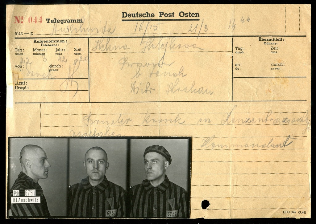 Zawiadomienie telegram o śmierci Auschwitz 1942