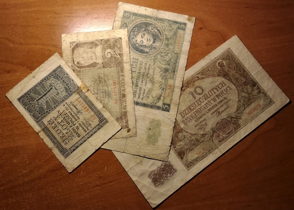 Zestaw banknotów GG 1, 2, 5, 10 zlotych. 1940-41