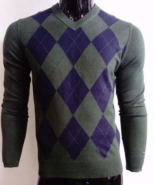 Sweter swetr męski zielony v-neck TOMMY HILFIGER S