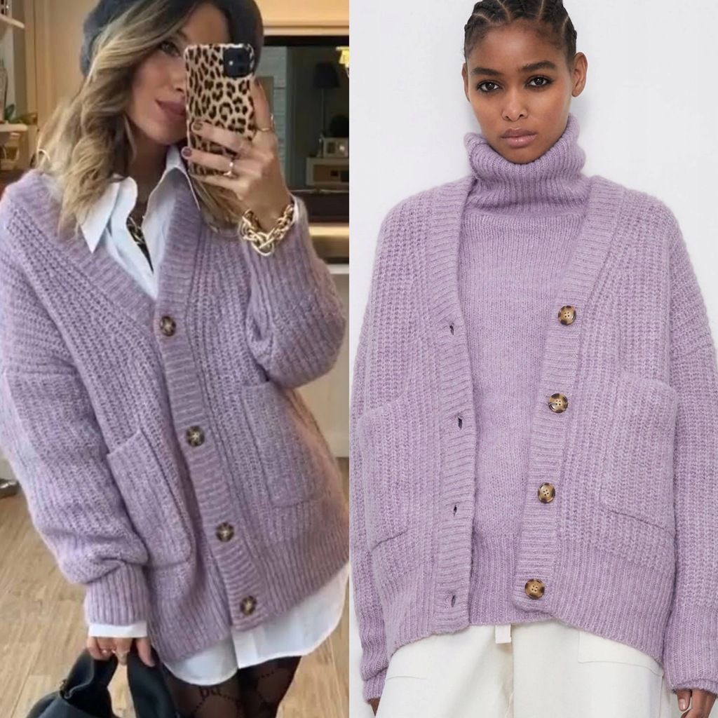 ZARA CIEPŁY SWETER KARDIGAN WEŁNA ALPAKA LAWENDA-M
