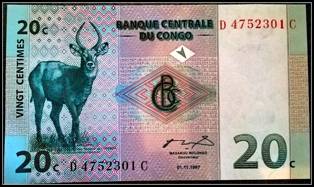 495. Banknot Kongo 20 Franków 1997r. UNC