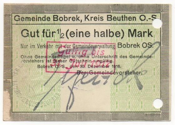 BOBREK Gemeinde 1/2 Mark 1916. Ważność stemplem.