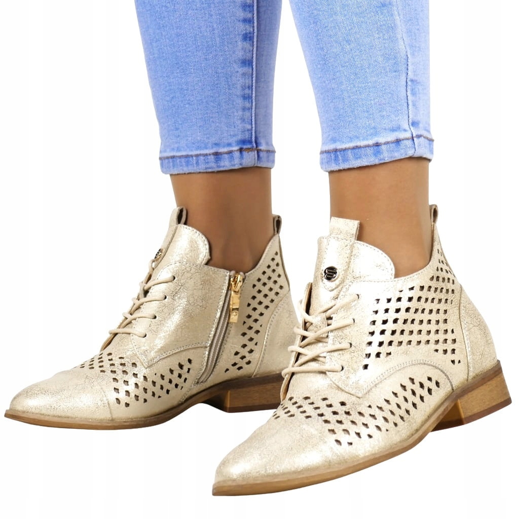 DAMSKIE BOTKI TRZEWIKI WYCINANE AŻUROWE DZIURKOWANE ZŁOTE POŁYSK MODNE 38
