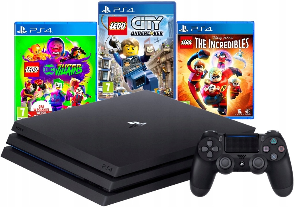 KONSOLA PS4 PRO 1 TB CZARNA + 3 GRY LEGO + PAD