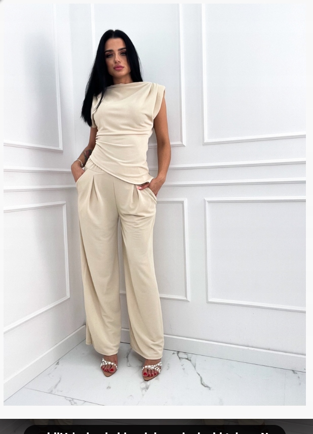 tani komplet damski elegancki ze spodniami , letni, beżowy xs,s,m