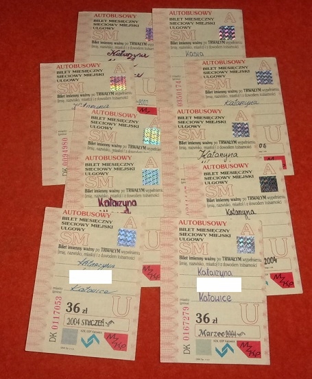 stare bilety miesięczne x 10 Katowice 2003-2005 r