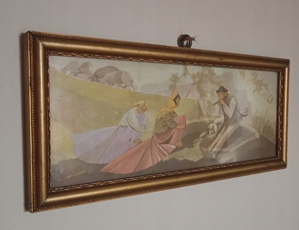 Stara litografia Zofia Stryjeńska Góral Grający na Piszczałce lata 30 BCM