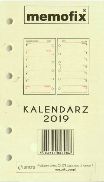 Kalendarz 2019 Wkład tygodniowy Organizera 9,5x17