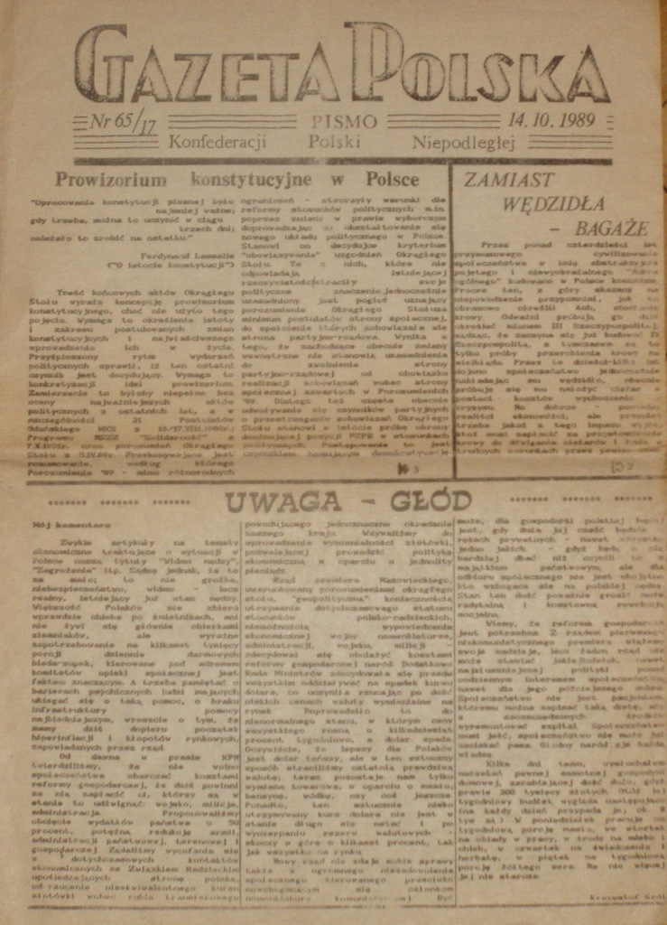 GAZETA POLSKA nr 65/17, pismo KPN Warszawa 1989