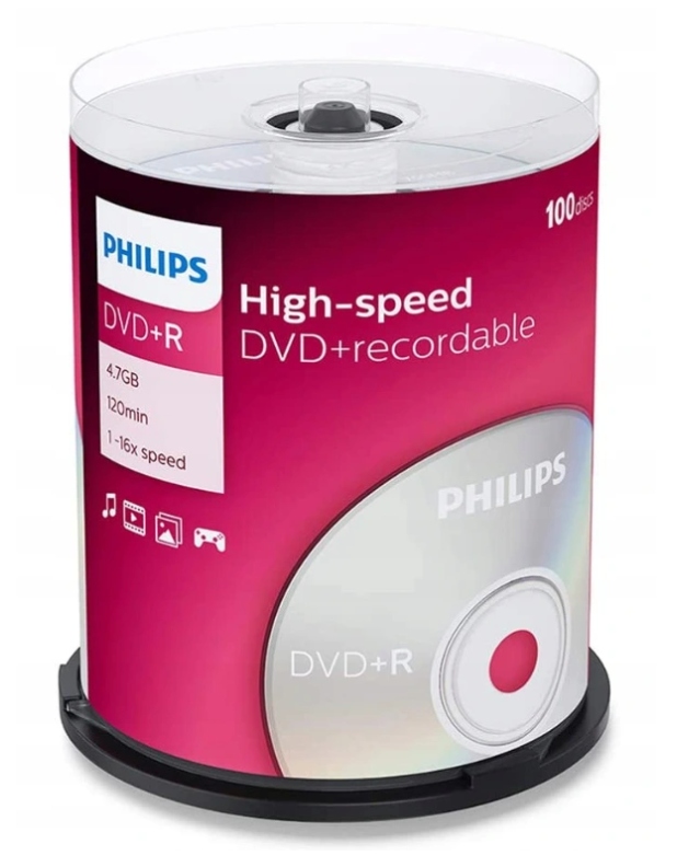 Philips DVD+R RECORDABLE płyty 4,7GB 16x DVD Cake 120min 100sztuk
