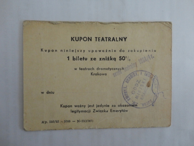 KRAKOW KUPON TEATRALNY 1962 ROK