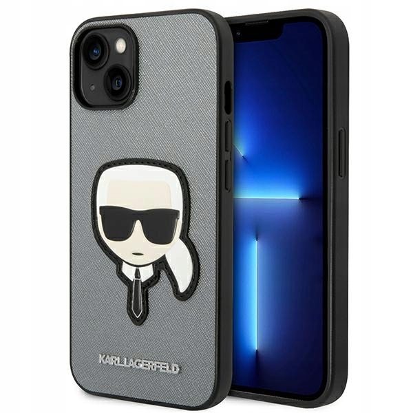 Karl Lagerfeld Saffiano Head Patch Case pro iPhone 14 Plus stříbrný
