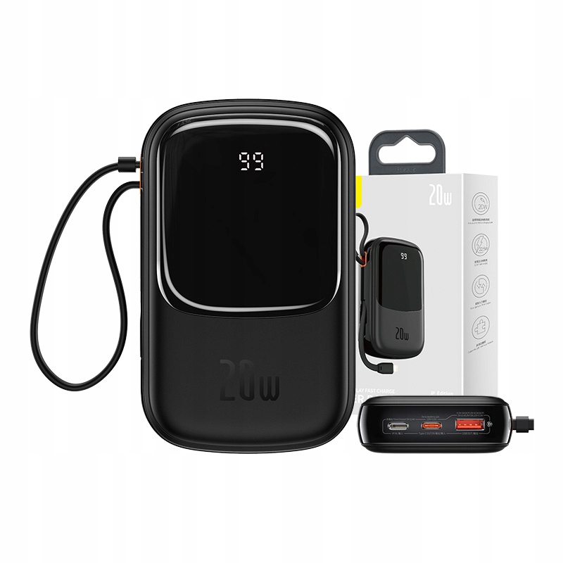 Baseus Powerbanka s kabelem Lightning 20000 mAh Usb Usb-c Qc Fcp Pd 20W Černá