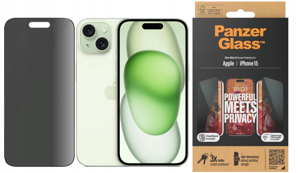 PanzerGlass Sklo Ultra-Wide Fit Privacy pro iPhone 15, stmívatelné