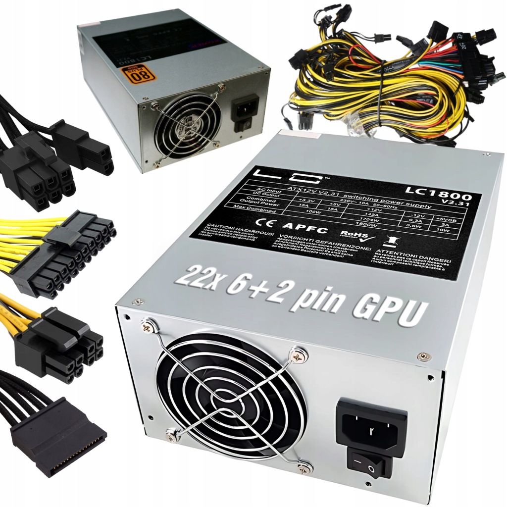 Napájecí zdroj 1800 W pro krypový bagr Koparka 22x Pci-e 6+2 Mining LC Power