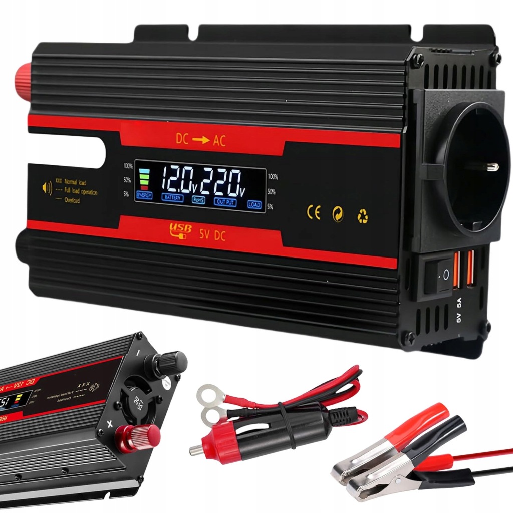 Měniče Napětí Do Auta DC 12V/24V Na Ac 220V S LCD 2000W Černý