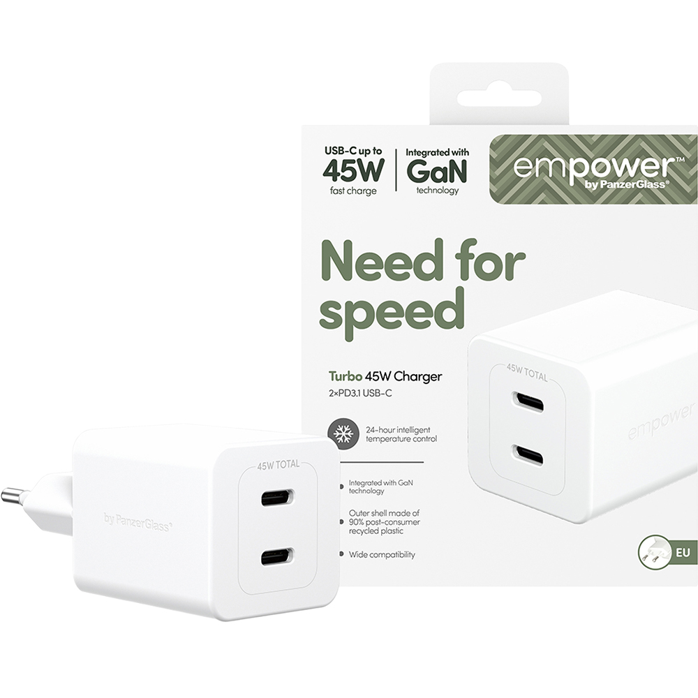 Síťová nabíječka 45W 2x Usb-c, empower by PanzerGlass, malá výkonná GaN Pd