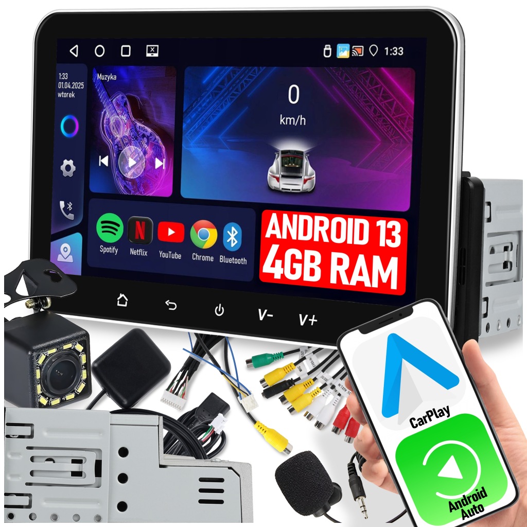 Autorádio 1 Din 7'' Carplay Android 13 Wifi Gps 4GB Dotykový Rámec Fm